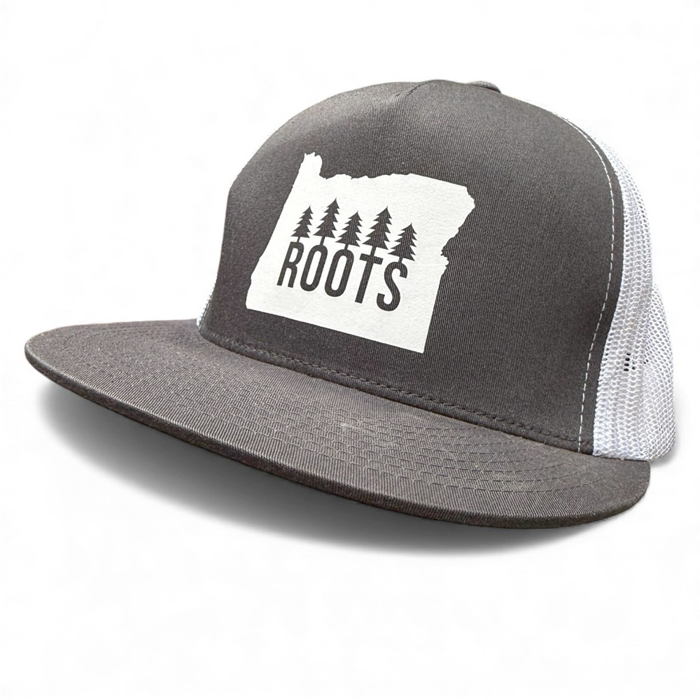 Oregon Roots Trucker Hat Grey/White Snapback Mesh Cap Flat Brim Granola PNW
